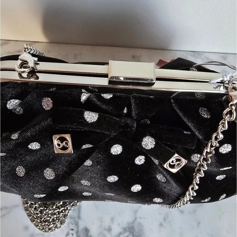 Sam & Libby New Brandi Velvet Black Polka Dot Bow Hobo Chain Crossbody Clutch